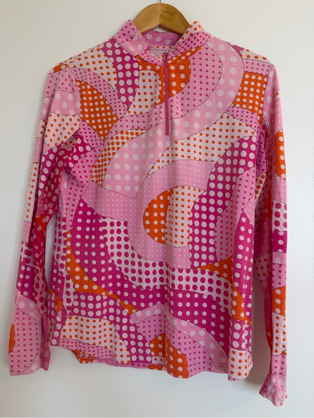 IBKUL Sun Shirt Sz M Pink Orange Polka Dots 1/4 Zip UPF 50+ Mock Neck Active